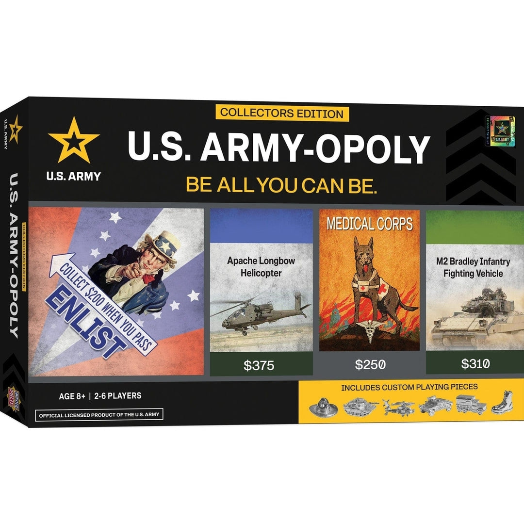 US Army Opoly Board Game Military Tanks Collectible Tokens Ages 8+ 2-6 Players Image 1