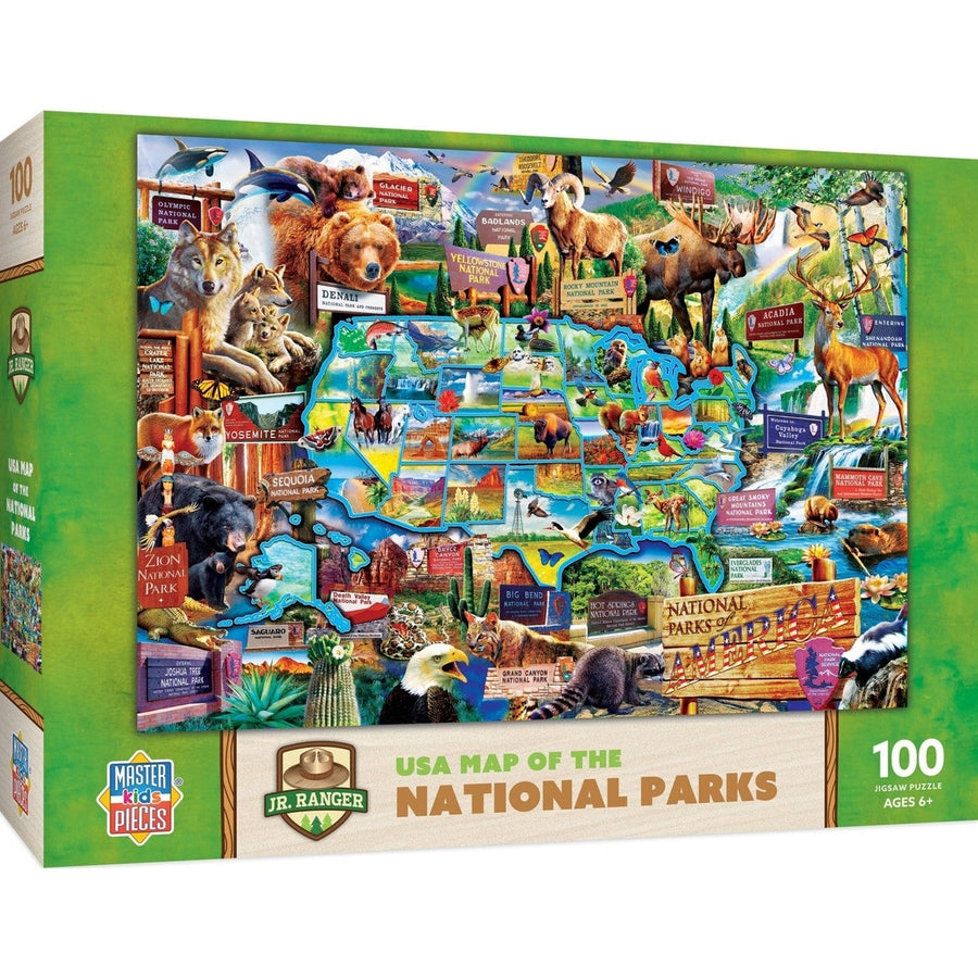 National Parks 100 Piece Jigsaw Puzzle USA Map Wildlife Animals for Kids 19x14 Image 1