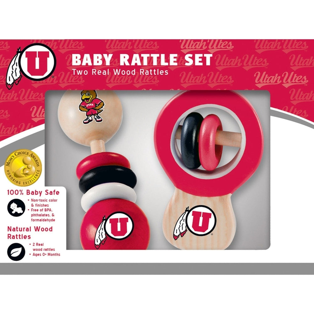 Utah Utes Baby Rattles 2-Pack Non-Toxic Wooden Development Toys for Infants Image 2