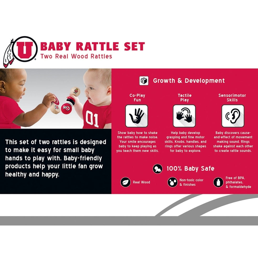 Utah Utes Baby Rattles 2-Pack Non-Toxic Wooden Development Toys for Infants Image 3