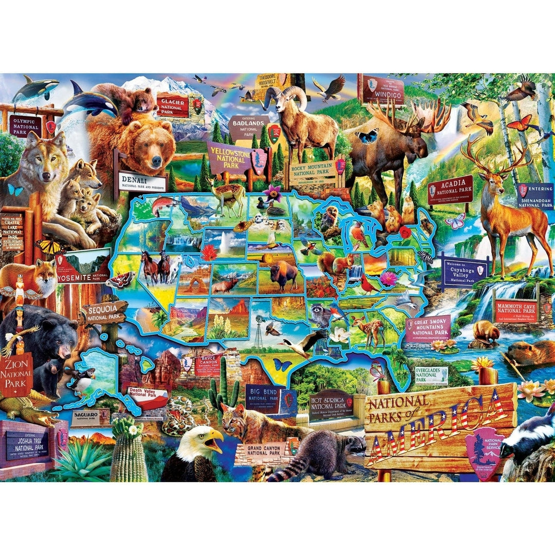 National Parks 100 Piece Jigsaw Puzzle USA Map Wildlife Animals for Kids 19x14 Image 2