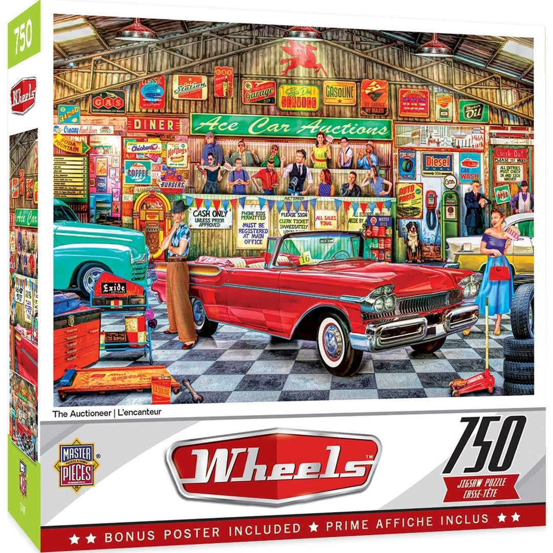 MasterPieces Wheels 750 Piece Jigsaw Puzzle Classic Car Auction 18x24 inch Recycled Image 1