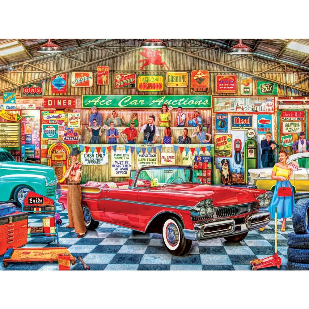 MasterPieces Wheels 750 Piece Jigsaw Puzzle Classic Car Auction 18x24 inch Recycled Image 2