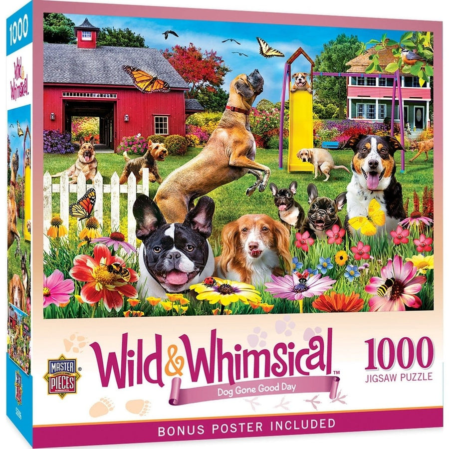 Wild and Whimsical Dog Gone Good Day 1000 Piece Jigsaw Puzzle Farm Dogs Playtime Image 1