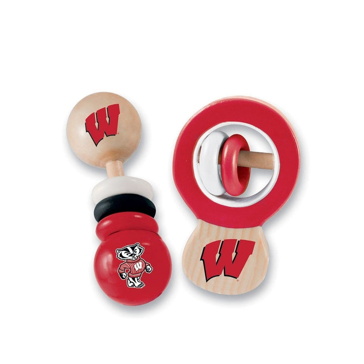 Wisconsin Badgers Baby Rattle Set 2-Pack Real Wood BPA-Free Non-Toxic Toys Image 1