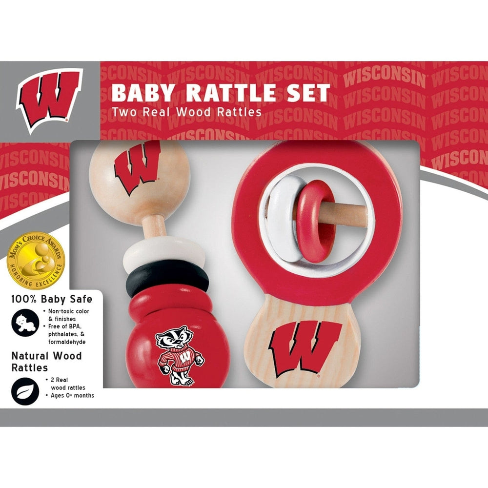 Wisconsin Badgers Baby Rattle Set 2-Pack Real Wood BPA-Free Non-Toxic Toys Image 2