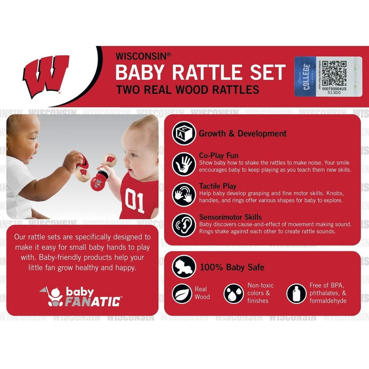 Wisconsin Badgers Baby Rattle Set 2-Pack Real Wood BPA-Free Non-Toxic Toys Image 3