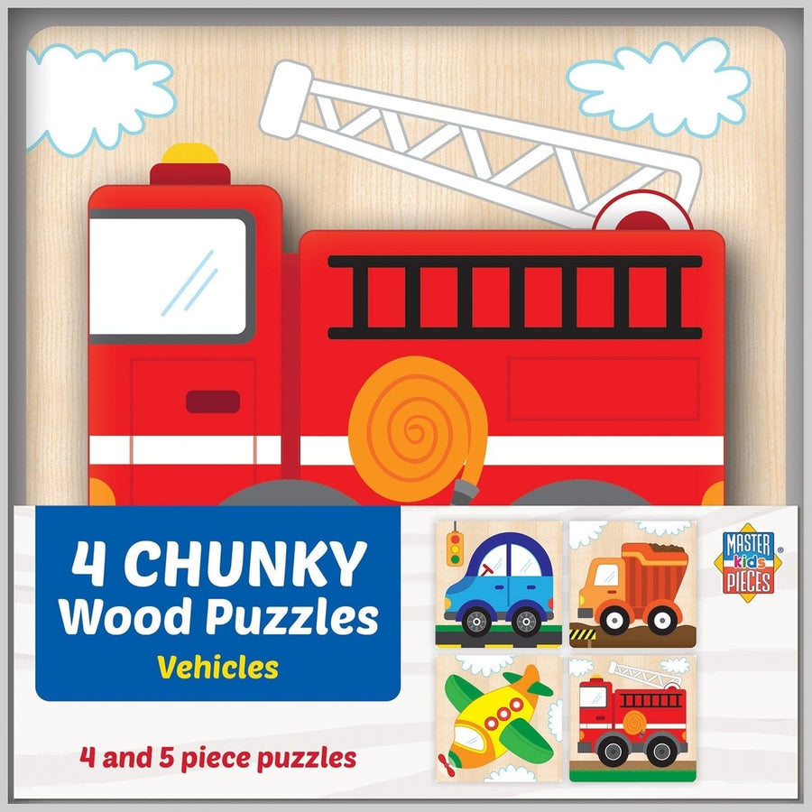 Chunky Wood Vehicle Puzzles 4 Pack for Kids Educational Fun Learning Toys Image 1