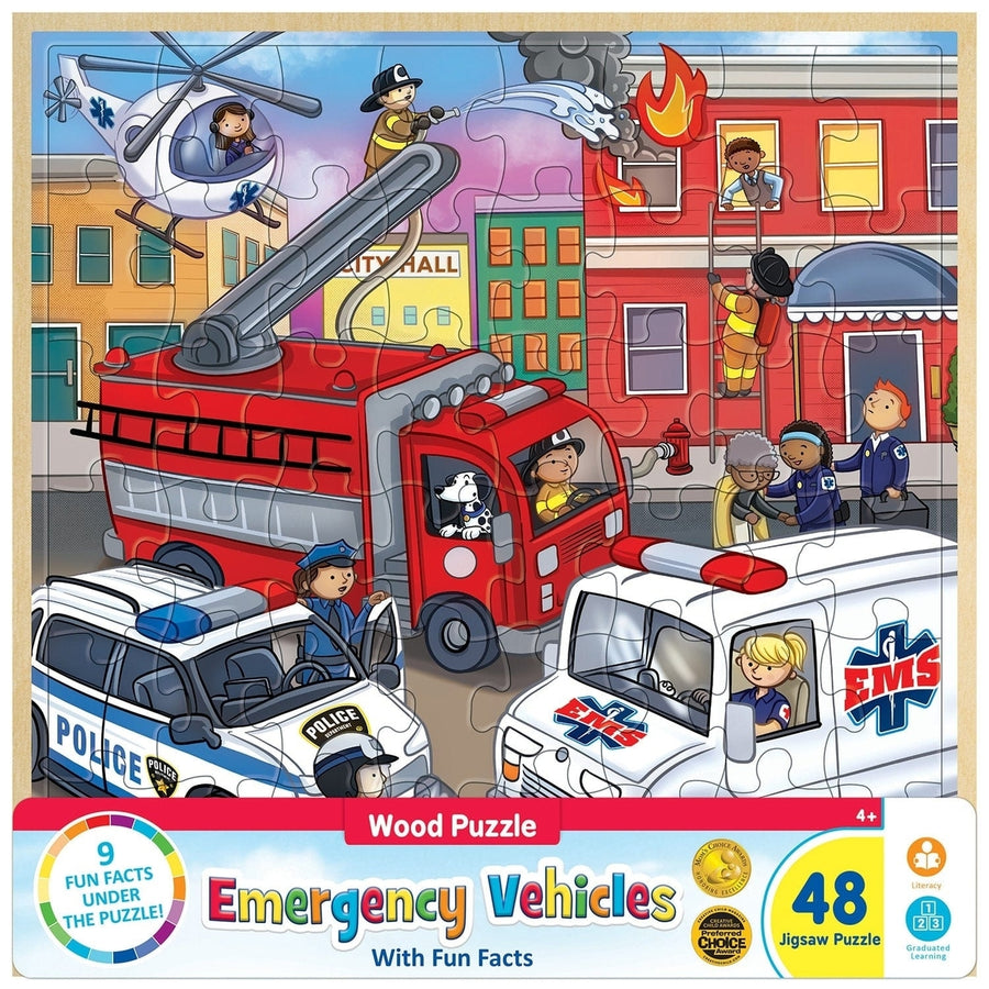 Emergency Vehicles Wood Jigsaw Puzzle 48 Pieces Educational Fun Facts Kids Image 1