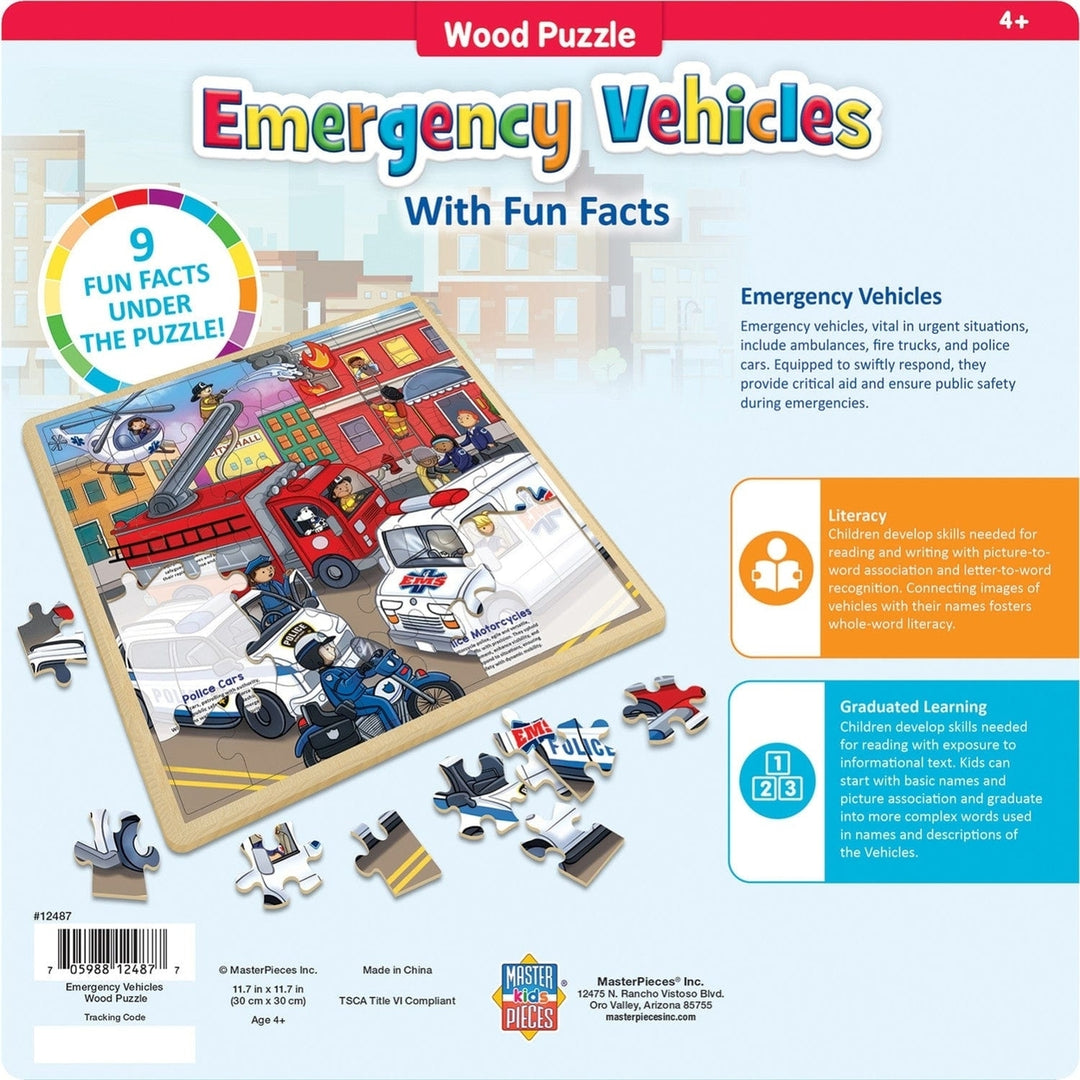 Emergency Vehicles Wood Jigsaw Puzzle 48 Pieces Educational Fun Facts Kids Image 3