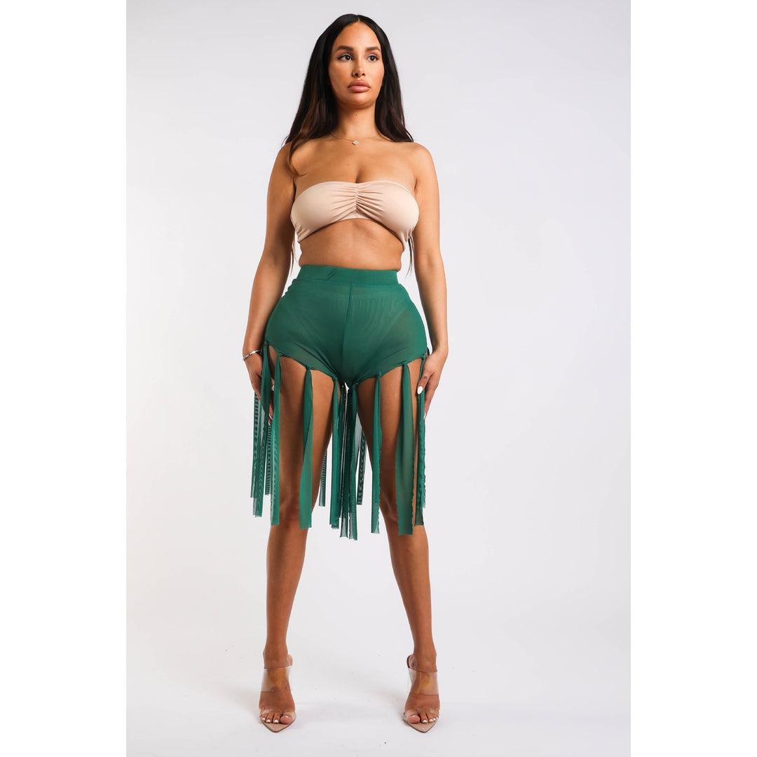 Get Party-Ready with These Fringed Mesh Sexy Shorts GREEN Image 1