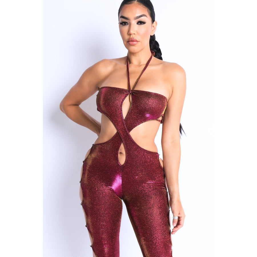 Glittery Cutout Halter Neck Keyhole Sexy Party Jumpsuit FUCHSIA/GOLD Image 1