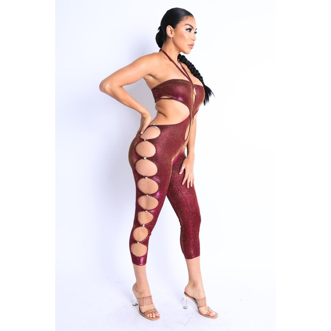 Glittery Cutout Halter Neck Keyhole Sexy Party Jumpsuit FUCHSIA/GOLD Image 2