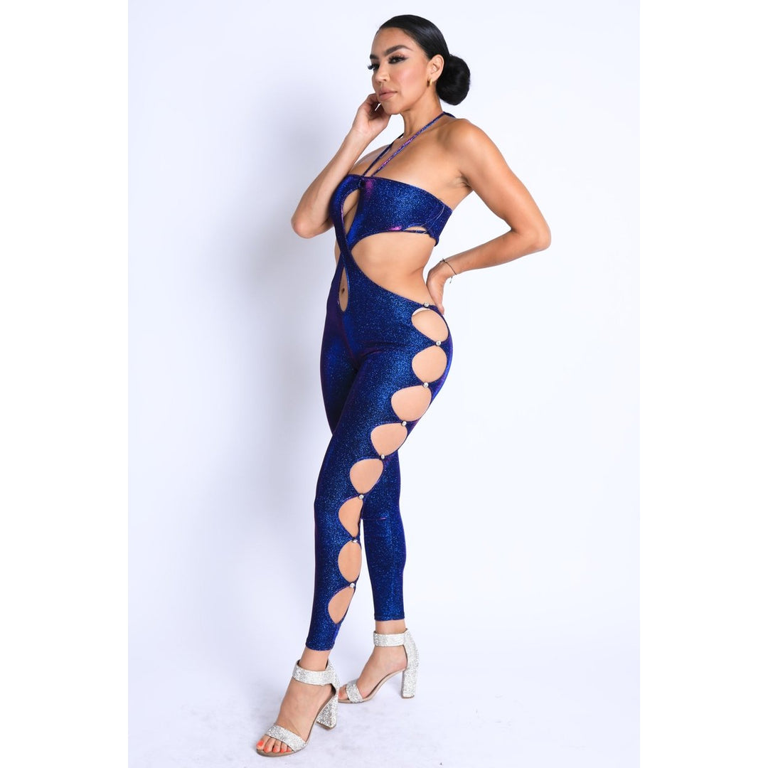 Glittery Cutout Halter Neck Keyhole Sexy Party Jumpsuit BLUE/FUCHSIA Image 4