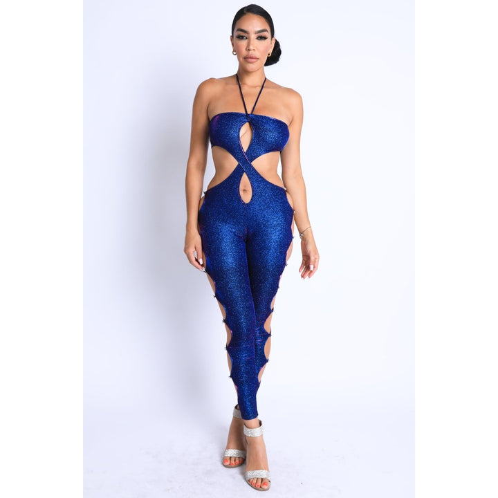 Glittery Cutout Halter Neck Keyhole Sexy Party Jumpsuit BLUE/FUCHSIA Image 6