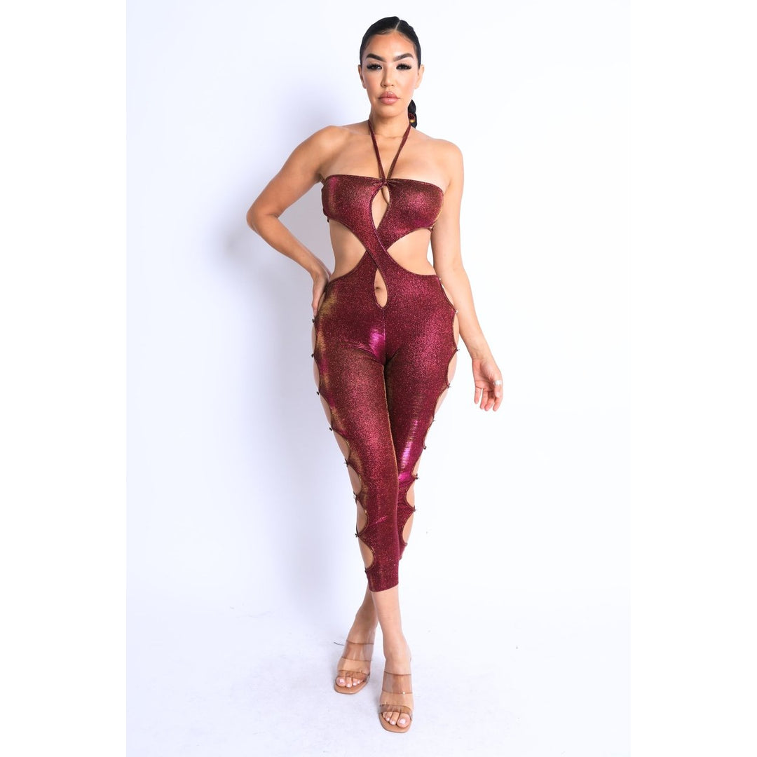 Glittery Cutout Halter Neck Keyhole Sexy Party Jumpsuit FUCHSIA/GOLD Image 4