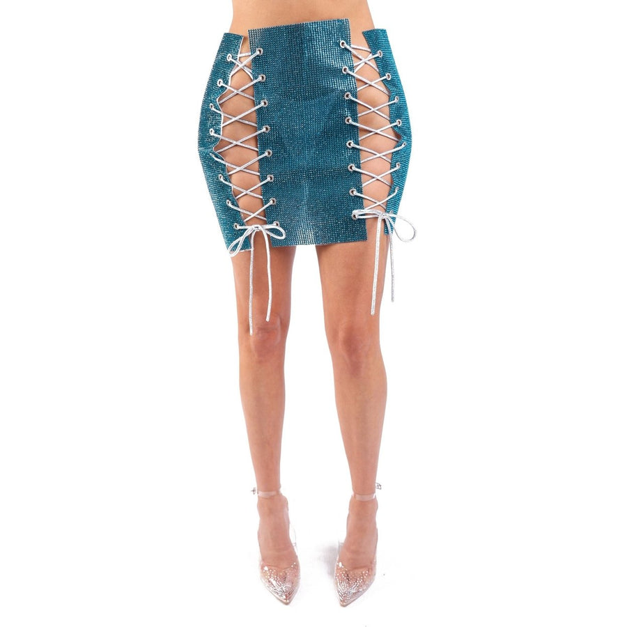 Full Rhinestones 4 Sides Lace Up Party Rave Club Mini Skirt TEAL Image 1