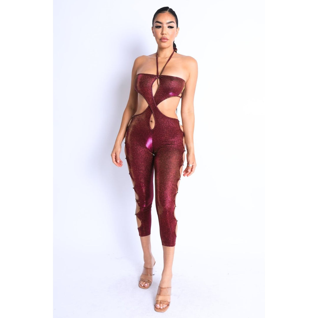 Glittery Cutout Halter Neck Keyhole Sexy Party Jumpsuit FUCHSIA/GOLD Image 6