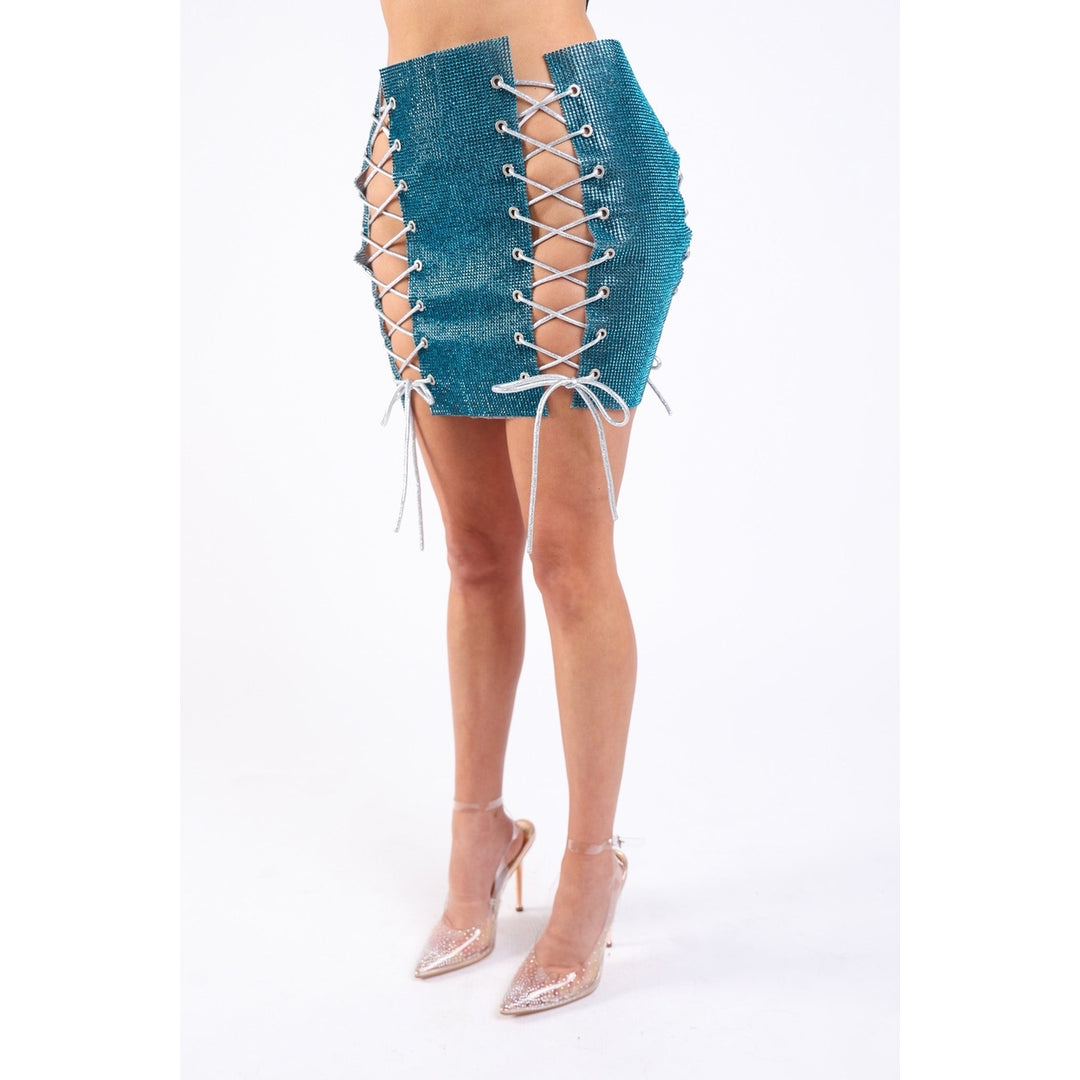 Full Rhinestones 4 Sides Lace Up Party Rave Club Mini Skirt TEAL Image 3