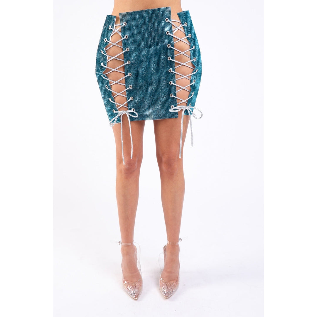 Full Rhinestones 4 Sides Lace Up Party Rave Club Mini Skirt TEAL Image 4