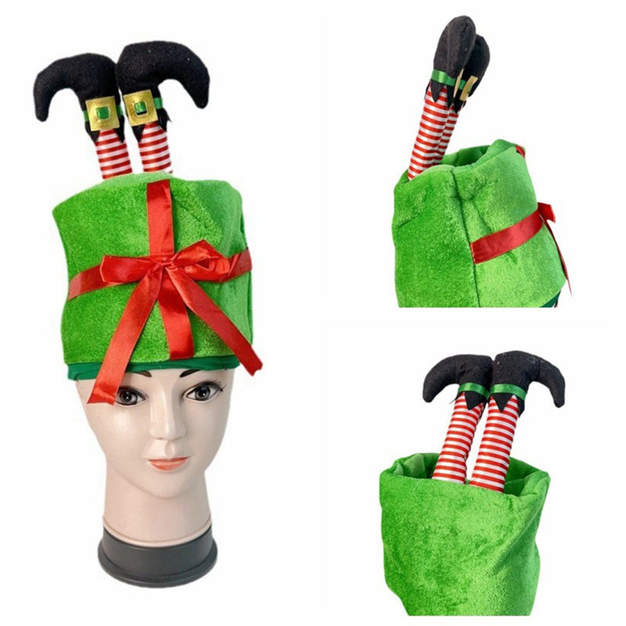 Christmas Hat Cartoon Fake Leg Gift Box Shape Bow Decor Photo Prop Headdress Thick Winter Hat Holiday Gift Headwear Image 1