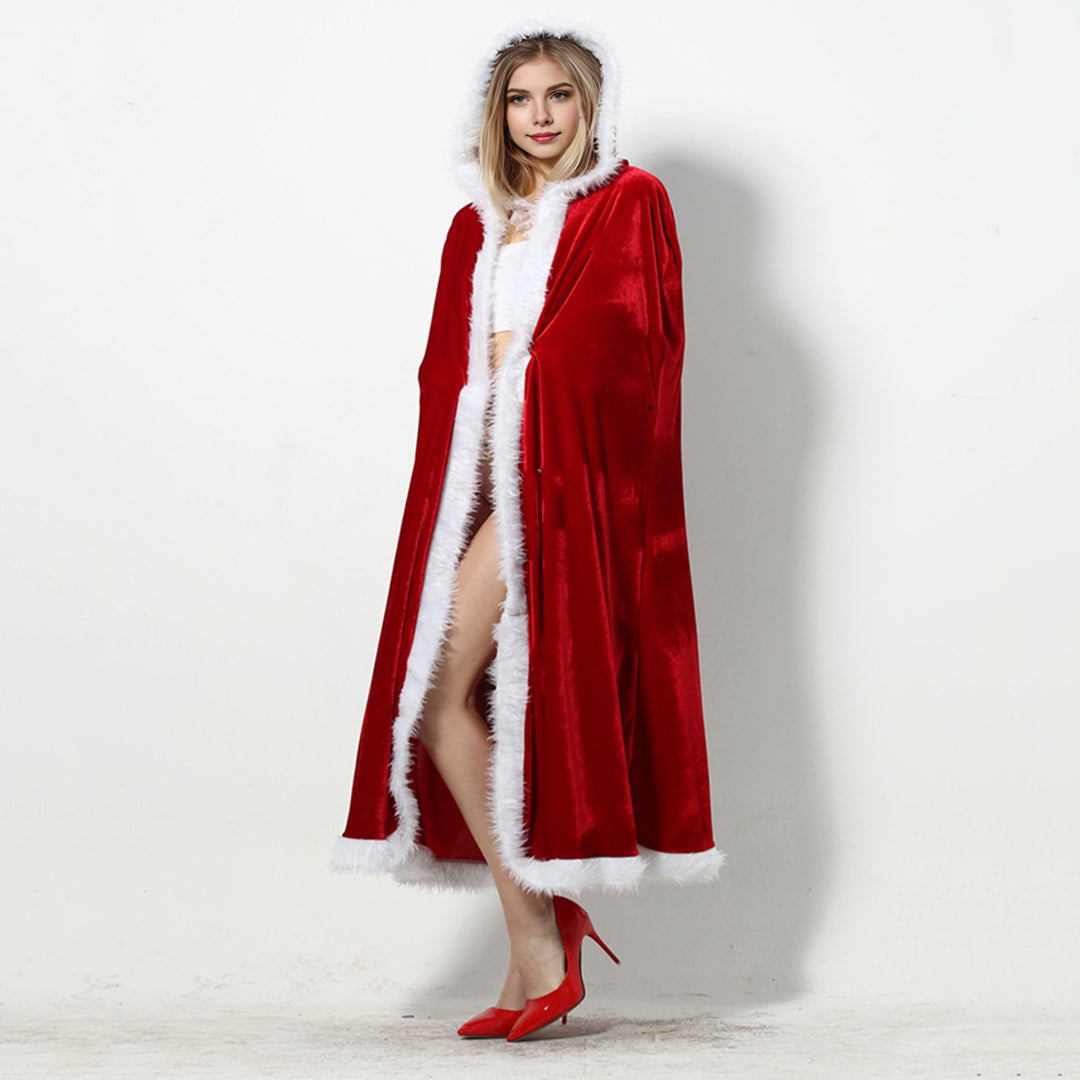 Women Christmas Cloak Fluffy Edge Color Matching Hooded Santa Cosplay Year Party Performance Costume Festive Poncho Image 4