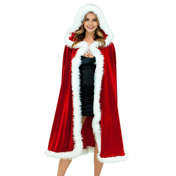 Women Christmas Cloak Fluffy Edge Color Matching Hooded Santa Cosplay Year Party Performance Costume Festive Poncho Image 4