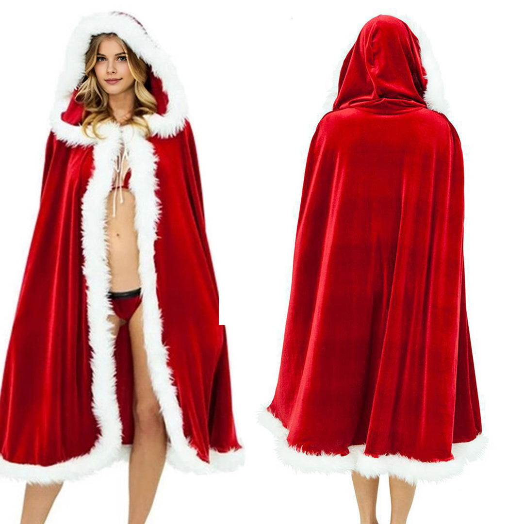 Women Christmas Cloak Fluffy Edge Color Matching Hooded Santa Cosplay Year Party Performance Costume Festive Poncho Image 9