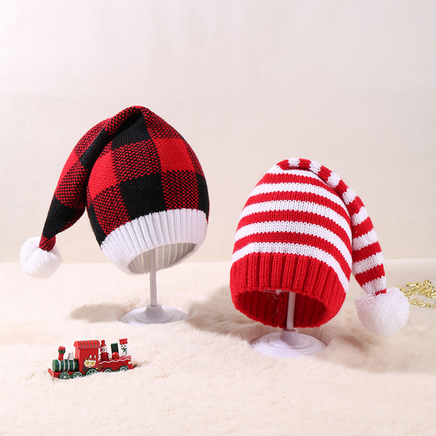 Unisex Christmas Hat Contrast Color Striped Print Baggy Plush Ball Decor Thick Ear Protection Year Party Photo Prop Image 1