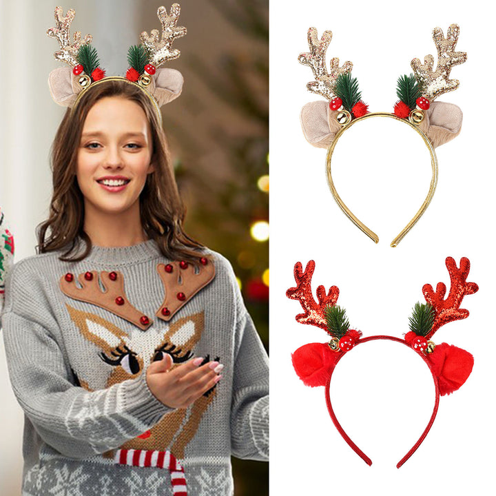 Christmas Antler Headband Cartoon Ear Bell Decor Glitter Sequin Hair Hoop Christmas Themed Festive Head Hoop Party Image 4