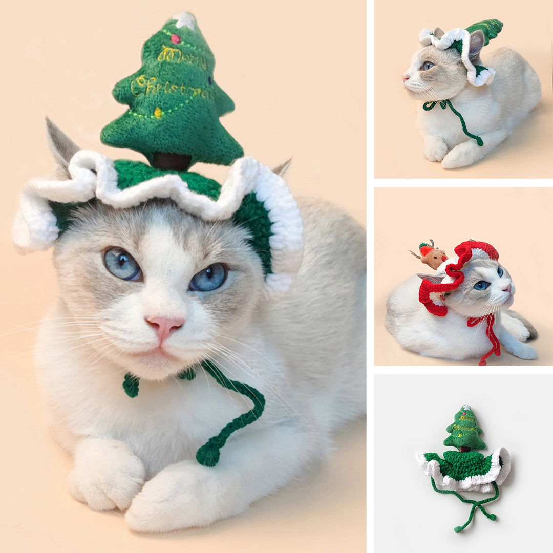 Cozy Cat Christmas Hat Xmas Tree Design Tie Fixing Comfortable to Wear Handmade Wool Knitted Pet Headwear Winter Dress Image 1