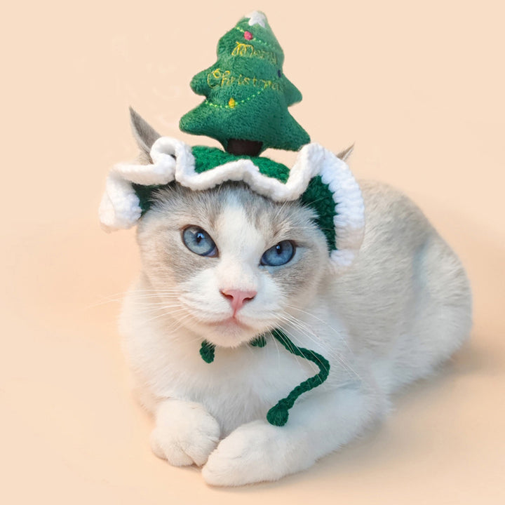 Cozy Cat Christmas Hat Xmas Tree Design Tie Fixing Comfortable to Wear Handmade Wool Knitted Pet Headwear Winter Dress Image 3