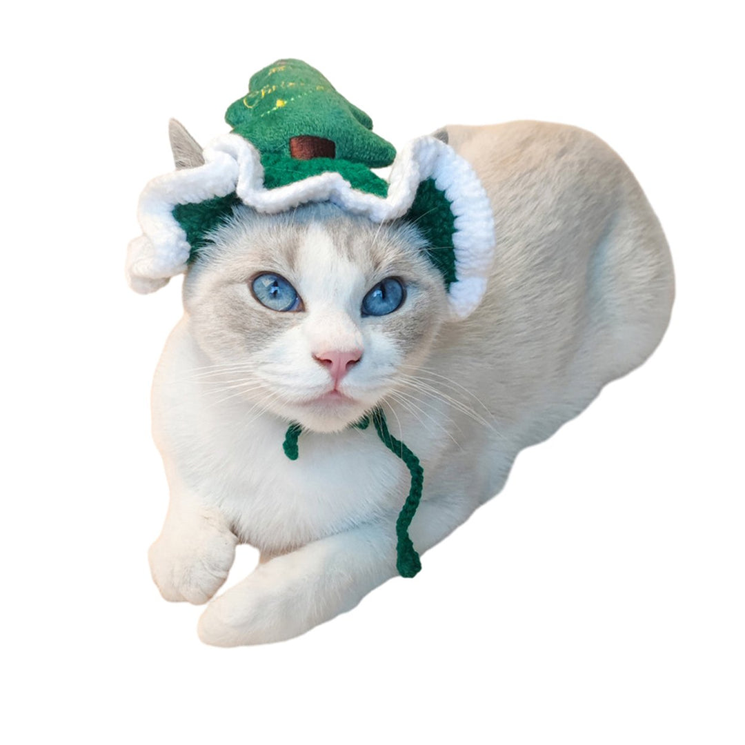 Cozy Cat Christmas Hat Xmas Tree Design Tie Fixing Comfortable to Wear Handmade Wool Knitted Pet Headwear Winter Dress Image 12