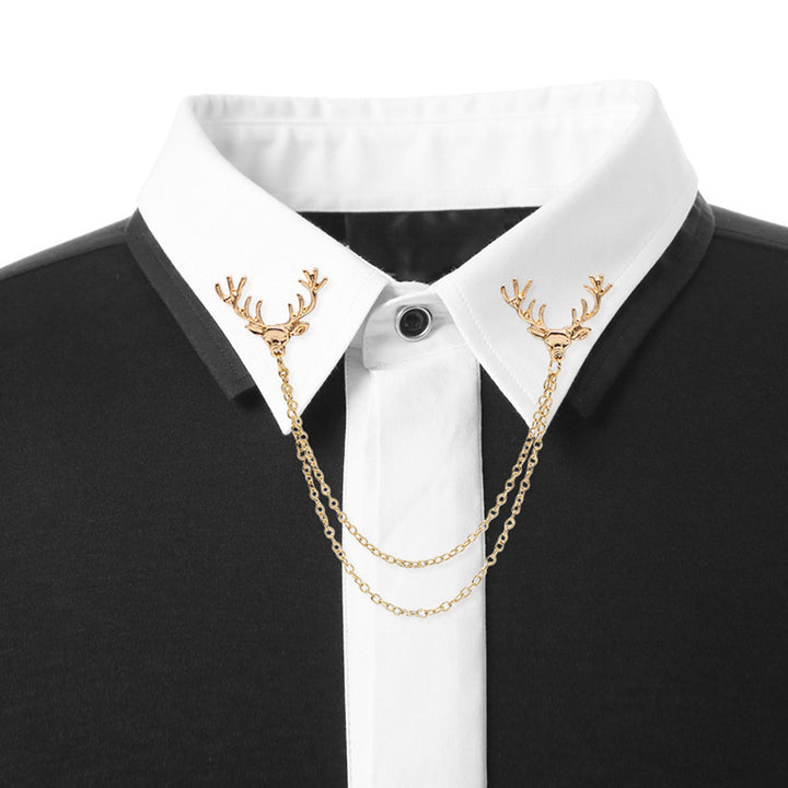 Men Lapel Pin Antler Decor Double Chains Anti-slip Dress-up Polished Suit Coat Collar Pin Coat Brooch Adult Clothes Hats Image 1