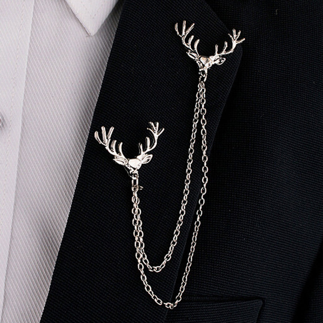 Men Lapel Pin Antler Decor Double Chains Anti-slip Dress-up Polished Suit Coat Collar Pin Coat Brooch Adult Clothes Hats Image 2