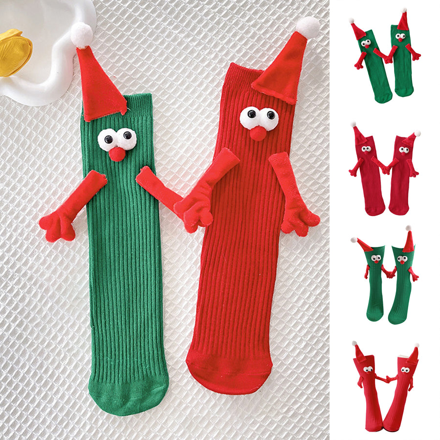 1 Pair Christmas Couple Socks Cartoon Shape Magnetic Hand-linking Festive Mid-tube Thick Warm Anti-slip Holiday Party Image 1