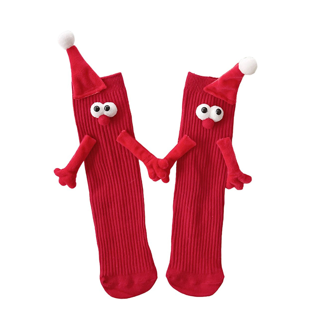 1 Pair Christmas Couple Socks Cartoon Shape Magnetic Hand-linking Festive Mid-tube Thick Warm Anti-slip Holiday Party Image 2