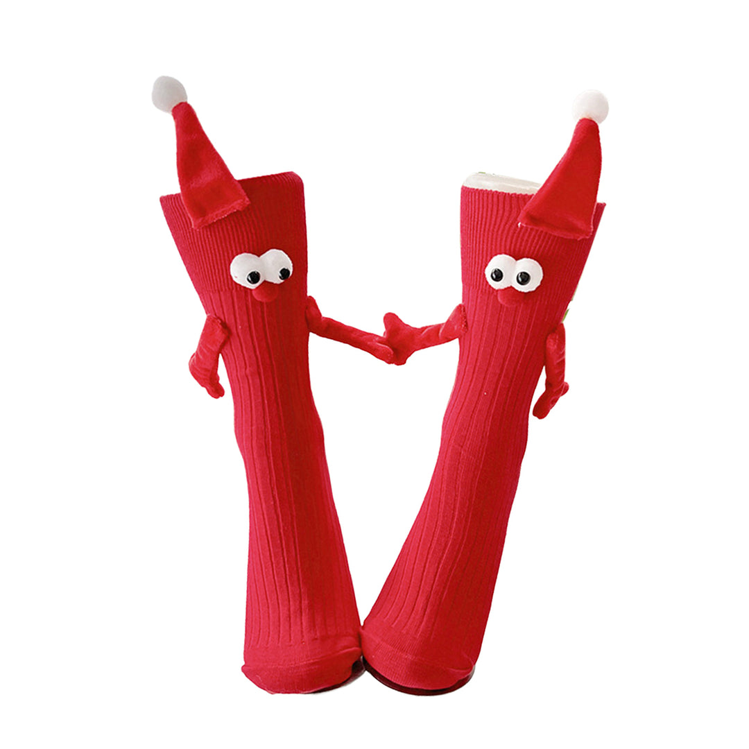 1 Pair Christmas Couple Socks Cartoon Shape Magnetic Hand-linking Festive Mid-tube Thick Warm Anti-slip Holiday Party Image 3