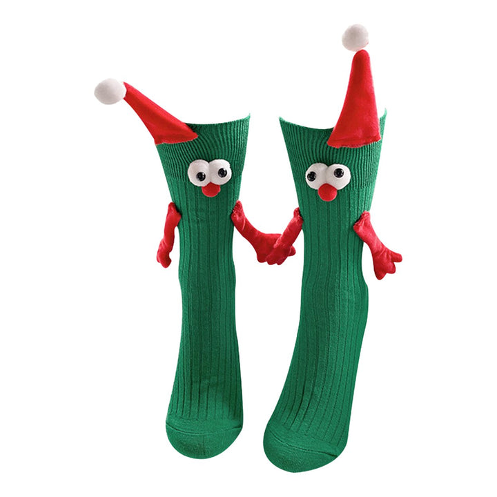 1 Pair Christmas Couple Socks Cartoon Shape Magnetic Hand-linking Festive Mid-tube Thick Warm Anti-slip Holiday Party Image 4