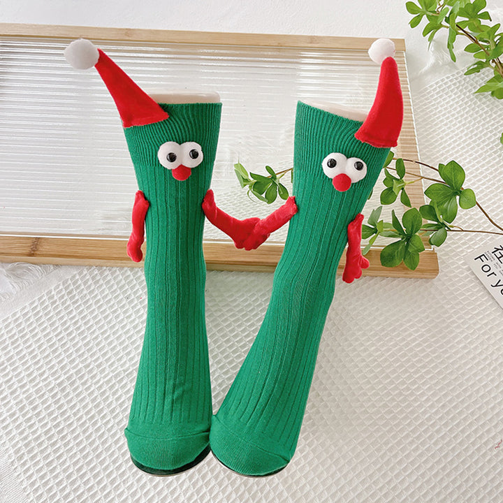 1 Pair Christmas Couple Socks Cartoon Shape Magnetic Hand-linking Festive Mid-tube Thick Warm Anti-slip Holiday Party Image 6