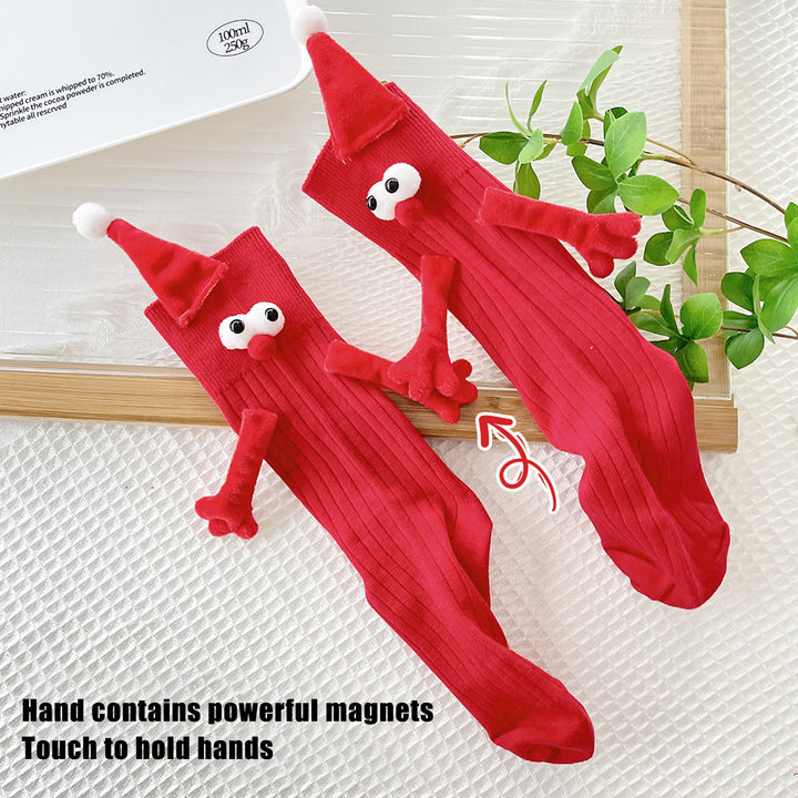 1 Pair Christmas Couple Socks Cartoon Shape Magnetic Hand-linking Festive Mid-tube Thick Warm Anti-slip Holiday Party Image 7