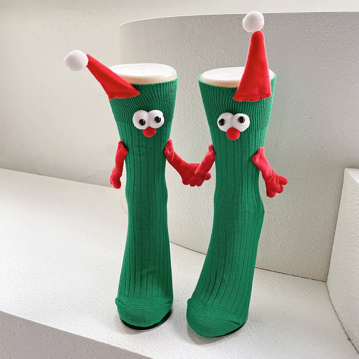 1 Pair Christmas Couple Socks Cartoon Shape Magnetic Hand-linking Festive Mid-tube Thick Warm Anti-slip Holiday Party Image 11