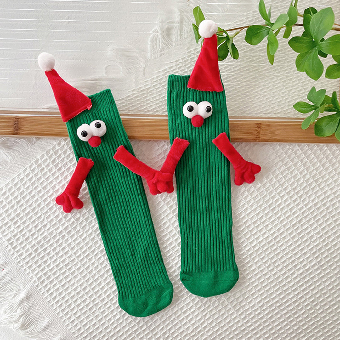 1 Pair Christmas Couple Socks Cartoon Shape Magnetic Hand-linking Festive Mid-tube Thick Warm Anti-slip Holiday Party Image 12