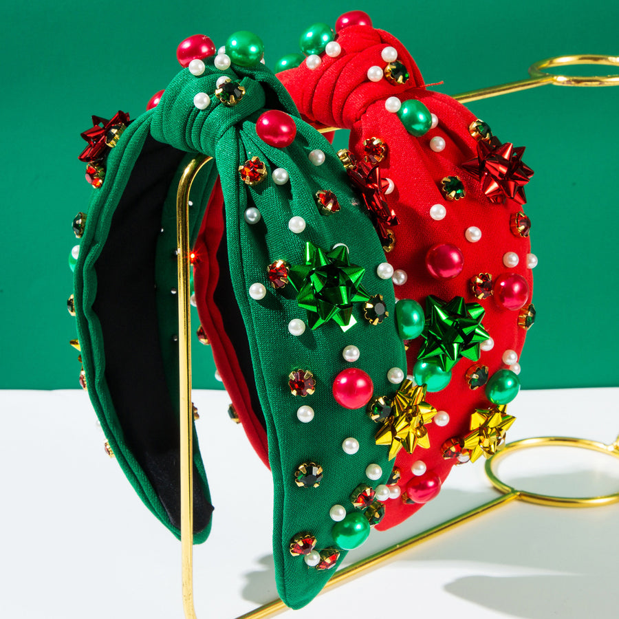 Women Hair Hoop Rhinestones Faux Pearl Embellished Christmas Headband Red Green Patchwork Color Headgear Holiday Image 1