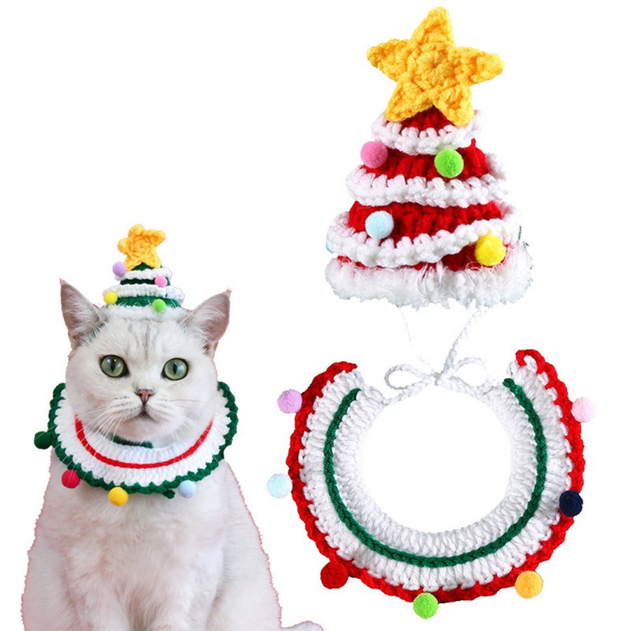 Christmas Pet Costume Hand-Woven Dog Collar And Hat Set Knitted Puppy Collar Scarf Santa Hat Cosplay Prop for Christmas Image 1