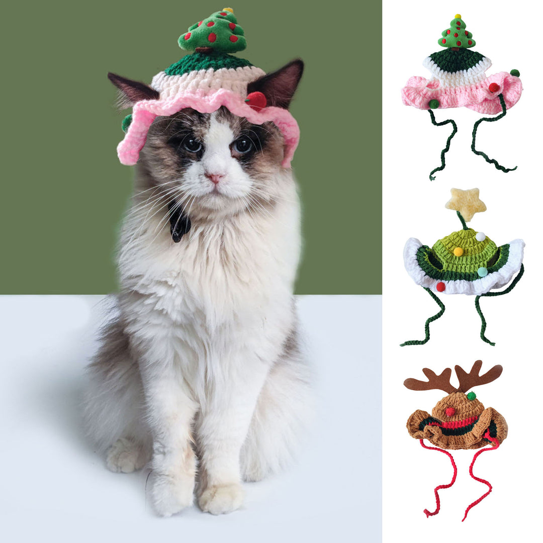 Hand-Knitted Cat Hat Lace-Up Pet Christmas Tree Reindeer Star Hat for Kittens Puppies Cute Cat Dress-up Accessories for Image 1