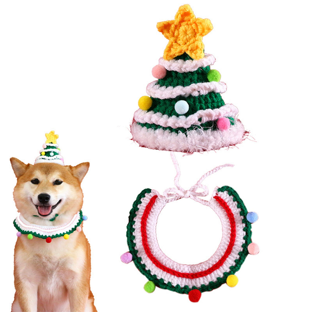 Christmas Pet Costume Hand-Woven Dog Collar And Hat Set Knitted Puppy Collar Scarf Santa Hat Cosplay Prop for Christmas Image 8