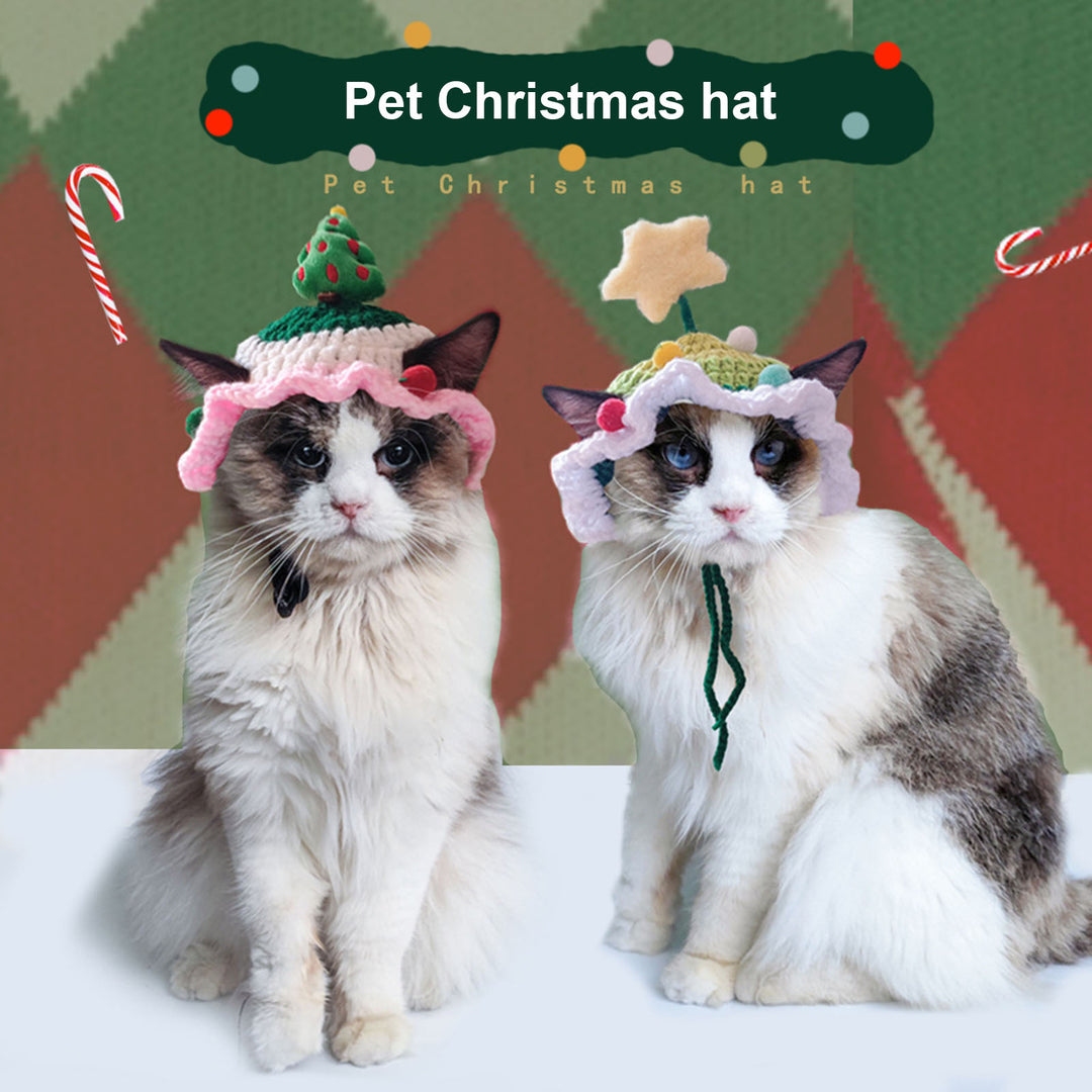 Hand-Knitted Cat Hat Lace-Up Pet Christmas Tree Reindeer Star Hat for Kittens Puppies Cute Cat Dress-up Accessories for Image 4