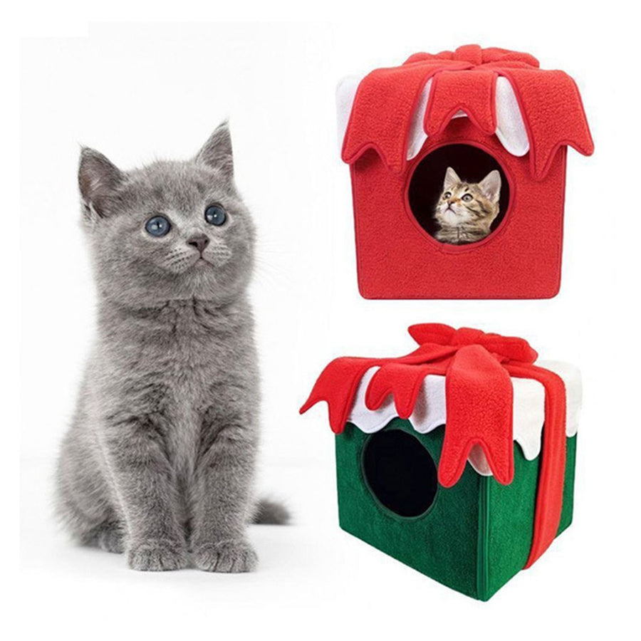 Christmas Cat Bed Gift Box Design Cat Tent Nest for Indoor Cats Warm Cozy Plush Pet Cave Winter Resting House for Cats Image 1