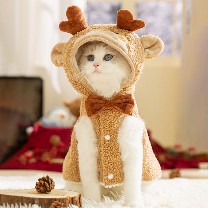 Christmas Cat Cape Warm Pet Hooded Costume Fuzzy Puppy Cloak with Star Anlter Winter Pet Outfit for Party Photo Prop Image 4